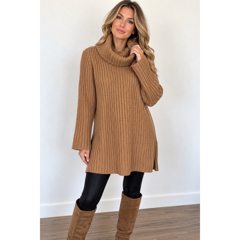 BB Dakota NWT Camel Chunky Knit Cowl Neck Sweater Tunic Oversized M $118